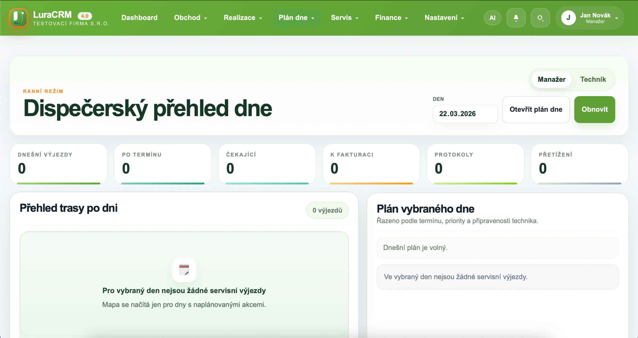 Dispečerský přehled dne v Lura CRM